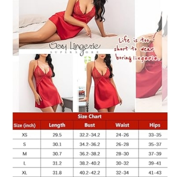 Avidlov Women Lingerie V Neck Nightwear Satin Lace Chemise Mini Teddy Red Nighty - Picture 8 of 8